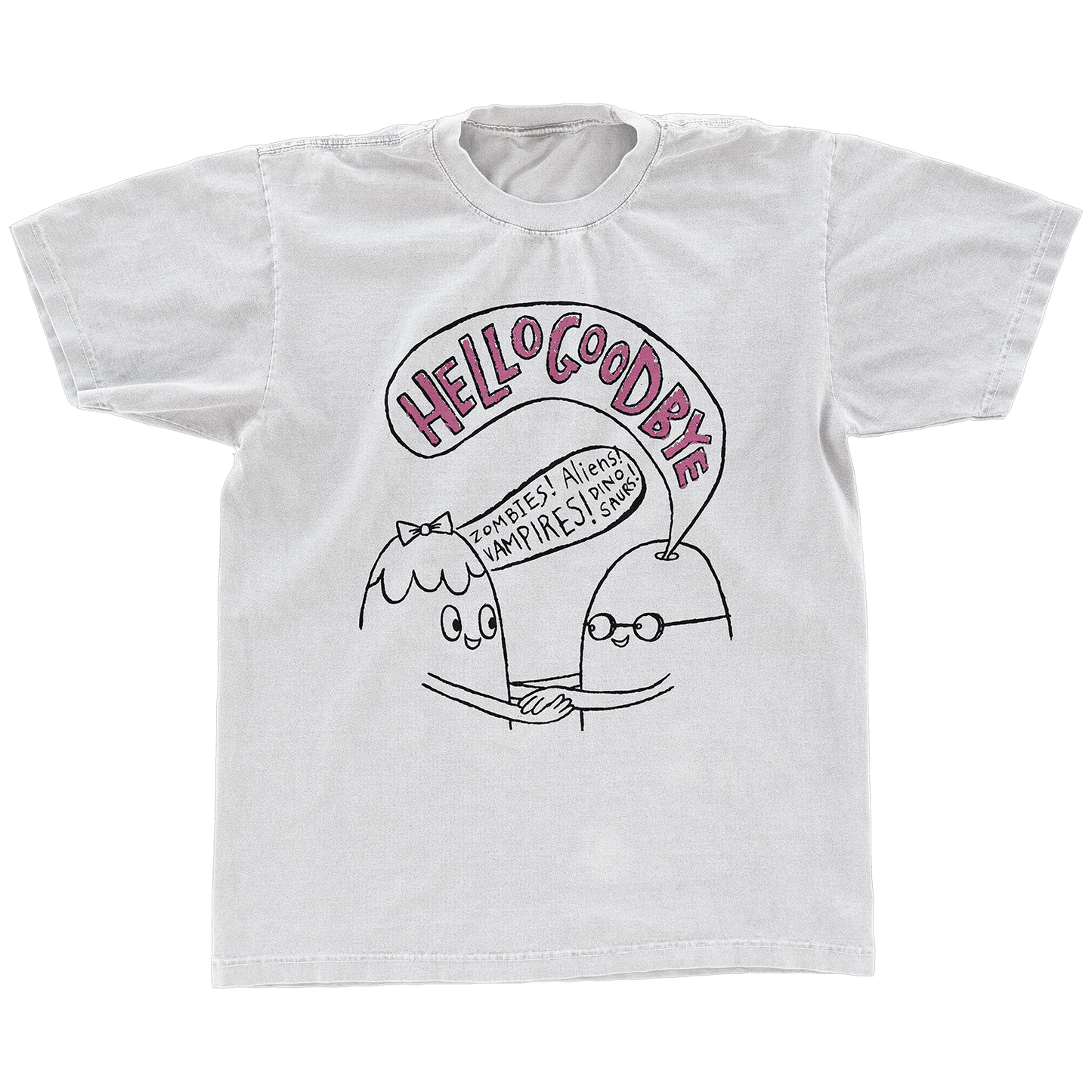 Hellogoodbye - "Zombies! Aliens! Vampires! Dinosaurs!" Short Sleeve White T-Shirt